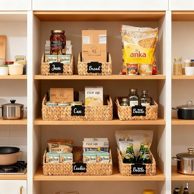 Wicker Baskets for Organizing, Pantry Baskets with Built-in Handles, Handwoven Labeled Wicker Storage Basket, Water Hyacinth Storage Bins for Shelves, 3 Pack, Natural - 2 Set