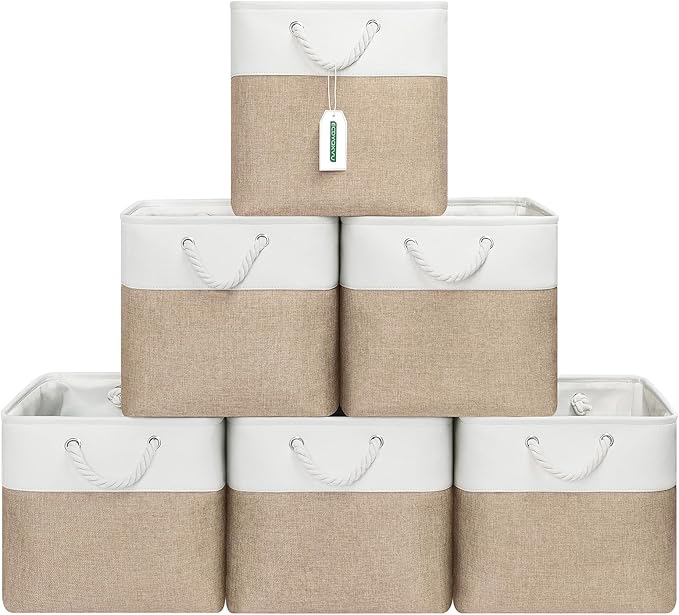 ECDYQXVU 13x13x13 Inch Storage Cube Bins Foldable Organizer Baskets 6 Pack | Soft Cotton Handles, Premium EVA Fabric, Hard Cardboard Bottom, Sturdy Metal Rim, Closet Shelf, Living Room, Bedroom, Laundry