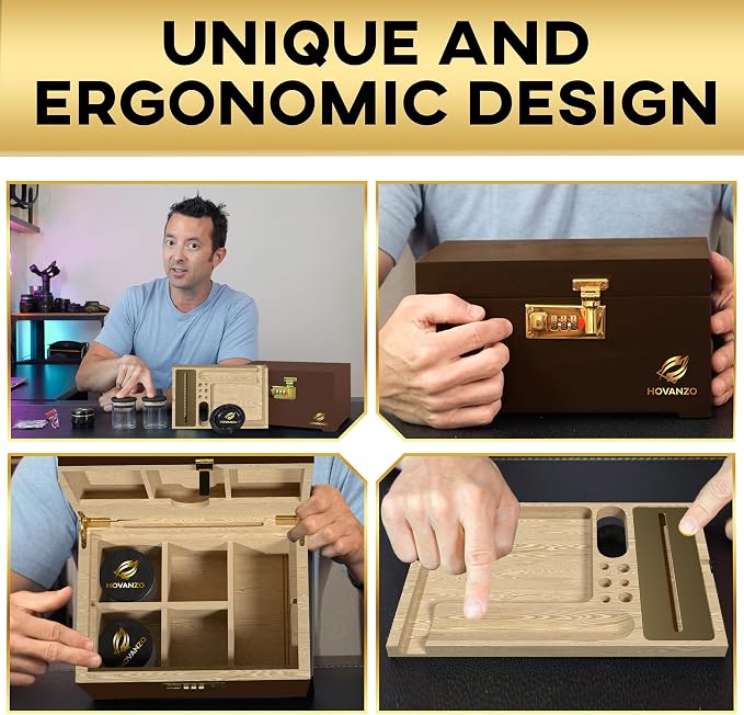 HOVANZO Premium Large Bamboo Storage Box with Organizer Tray - Storage Wood Box and Accessories - Decorative Box with Combination Lock - Large Wooden Container - Box Kit with Glass Jars