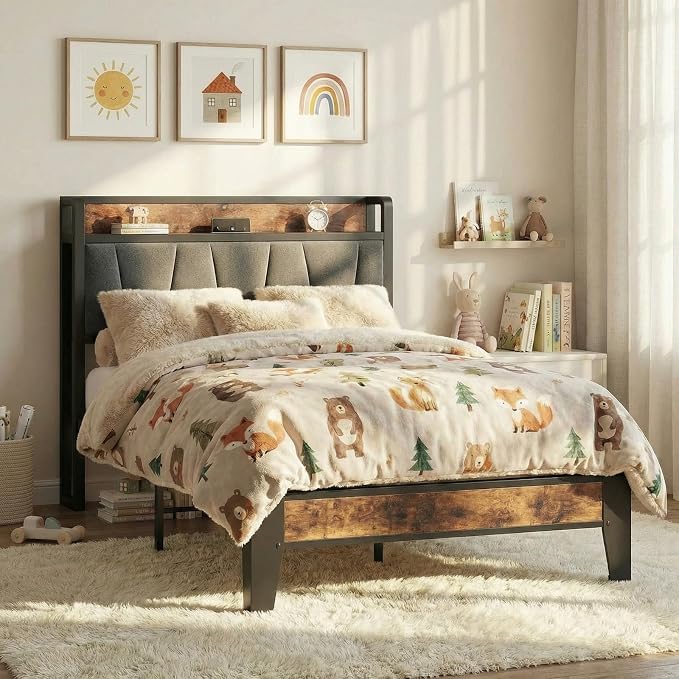 LIKIMIO Twin Bed Frames, Storage Headboard with Charging Station, Solid and Stable, Noise Free, No Box Spring Needed, Easy Assembly