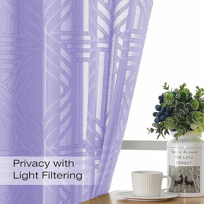 Simplebrand Lavender Semi Sheer Curtains 45 Inch Length 2 Panels, Geometric - Image 2