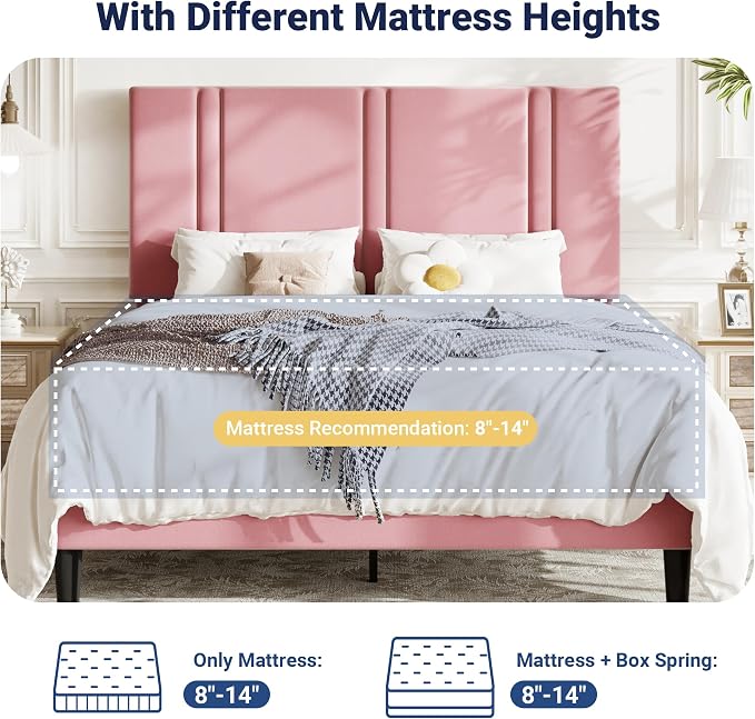 Allewie Queen Platform Bed Frame with Adjustable Headboard | Plush Velvet Upholstered, Vertical Channel Tufted, Sturdy Wood Slats, No Box Spring Needed, Easy Assembly, Pink