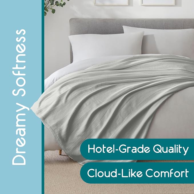 Vellux 100% Cotton Blanket, King, 108x90, Grey | Soft, Breathable Knit, Lightweight, All Season, Machine Washable, Oeko-Tex Certified, Hotel Quality