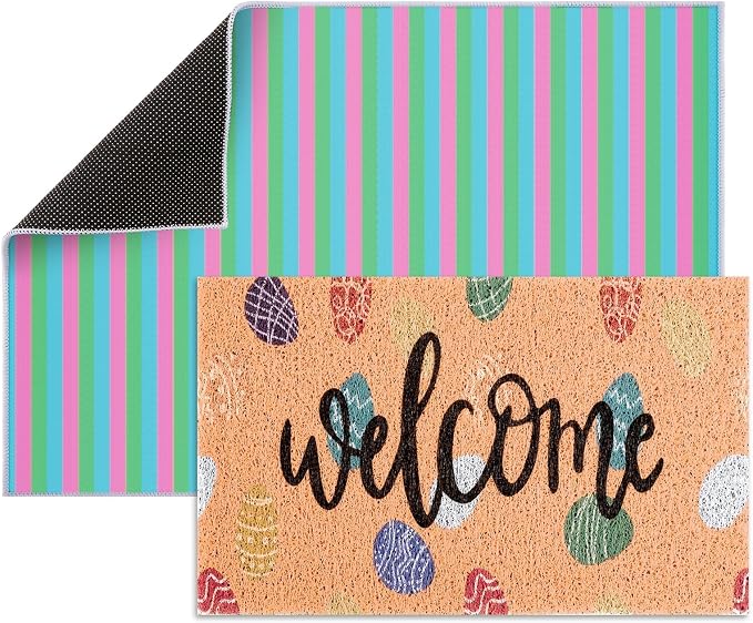 2 Pcs Easter Doormat Outdoor Entrance Colorful Eggs Welcome Door Mat Non Slip Coir Mats Floor Striped Doormat Layering Mat Seasonal for Easter Indoor Front Porch Entryway Decor 23.6 x 31.5 Inch