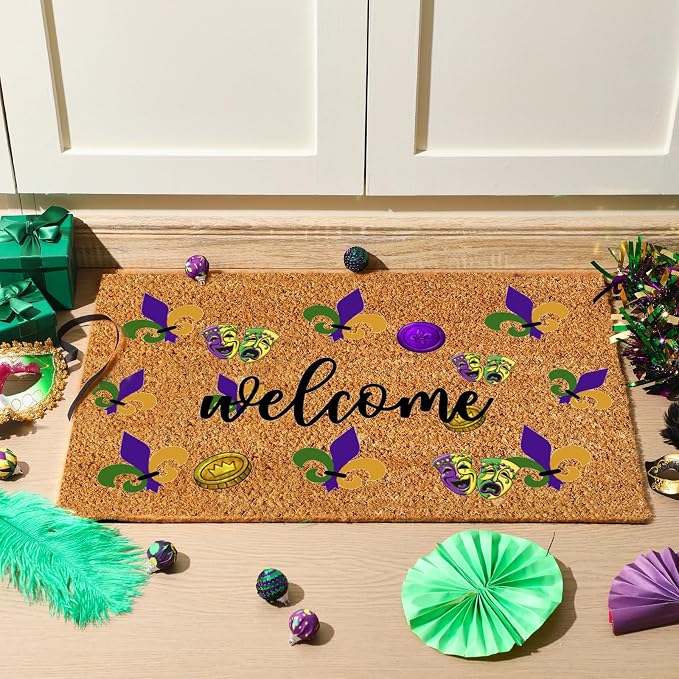 Ceenna Mardi Gras Coir Doormat Outdoor Mardi Gras Welcome Outdoor Rug Fleur De Lis Non-Slip Coir Carnival Front Door Mats Purple Yellow Green Decorations for Front Porch Entryway Bathroom Decor
