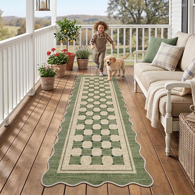 Garvee Scalloped Washable 2x6 Kitchen Runner Rug, Easy Jute Checkered Green Rugs for Entryway Hallway, Indoor Outdoor Non Slip Rug Farmhouse Modern Carpet Door Mat for Porch Bedroom Laundry Room 2'x6'