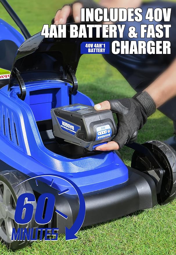 Wild Badger Power 40V 18-In Brushless Cordless Electric Lawn Mower | 18-in brushless push mower for small-to-medium lawns; 5 cut heights, 3-in-1 clipping modes, 40V 4.0Ah battery and charger.