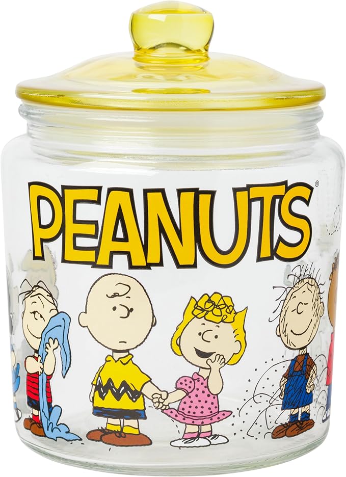 Silver Buffalo Peanuts Squad Featuring Snoopy, Glass Jar with Lid | Cookie Snack Candy Jar, Featuring Charlie Brown, Schroeder, Lucy, Linus, Sally, Pigpen, Woodstock, and Franklin, Small Size