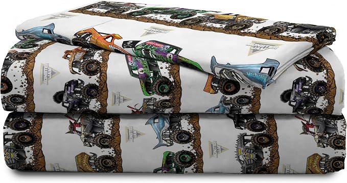 Jay Franco Kids Sheet Set with Fitted, Flat Sheets & Pillow Cover - Ultra-Soft Bedding with Pillowcase for Room Decor, Multi - Monster Jam, 3 Piece Twin