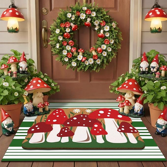 Tinideya 2 Pcs Mushroom Door Mat Welcome Non Slip Coir Mats Floor Layering Green and White Stripe Doormats Seasonal for Front Porch Entryway Decor(23.6 x 35.4 Inches, Mushroom, Green Red)