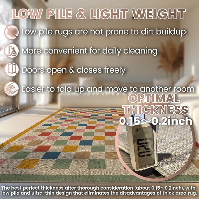 Washable Checkered Easy Jute Rug, 9x12 Colorful Rainbow Checkerboard Boho Outdoor Indoor Patio Area Rug, Low Pile Lightweight Non Slip Carpet Mat for Living Room Dining Bedroom Classroom Backyard Kids
