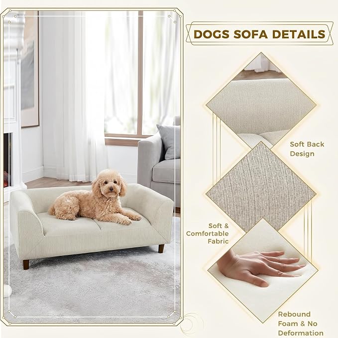 Dog Sofa Bed for Medium Dogs with Backrest and Armrest, Memory Foam Dog Sofa Couch, Modern Elevated Pet Couch Bed with Wooden Legs, Beige