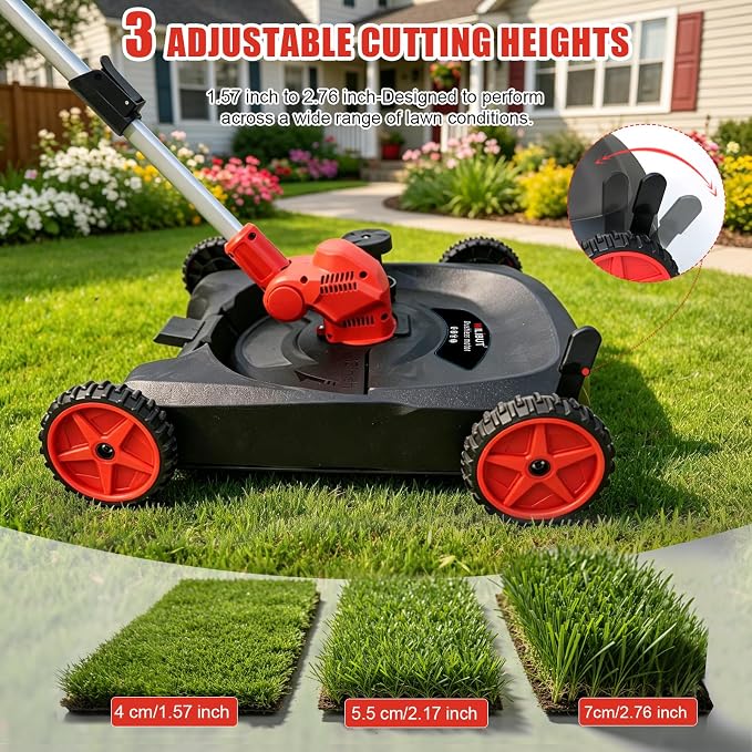 4-in-1 Cordless Lawn Mower, Weed Eater and Edger Combo, Adjustable Height & Angle, Electric String Trimmer with Wheels Grass Trimmer for Garden Yard (2x4.0Ah Battery & Charger Included)