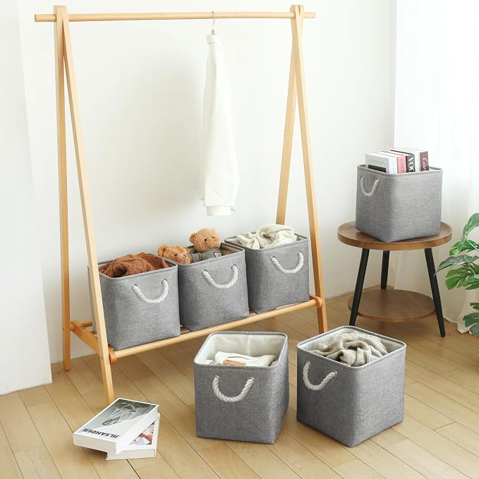 FinishingBo 11 inch Cube Storage Bin with Handles 6 Pack | Foldable Basket, Fabric Storage Bins, Closet Storage, Home Organizer (Gray)