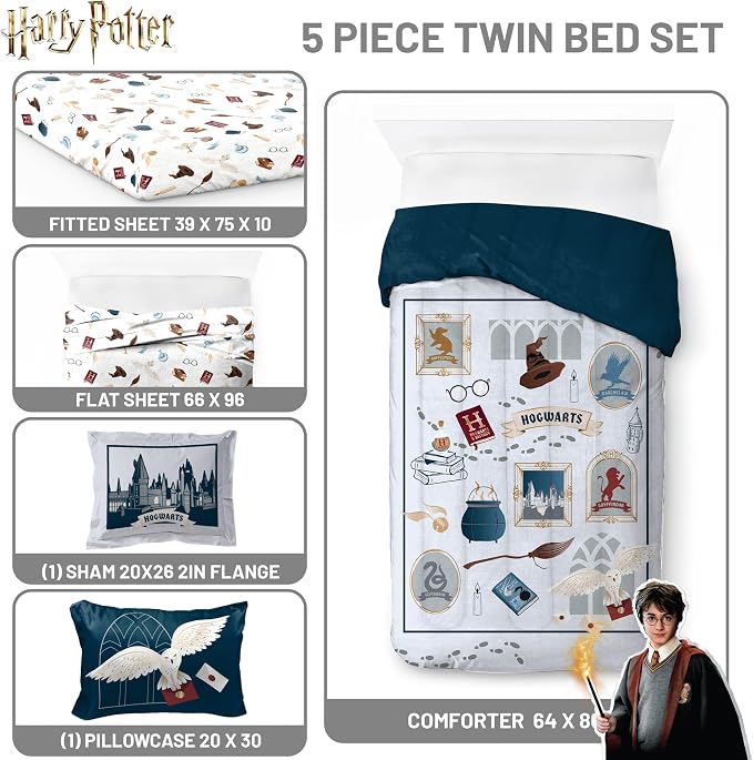Harry Potter Twin Comforter Set 5 Piece Soft Hogwarts Bedding, Grey | Hedwig, Bed in a Bag, Comforter Sheets Sham Pillowcase, Official Product, Soft Microfiber, Machine Washable, Kids Gift