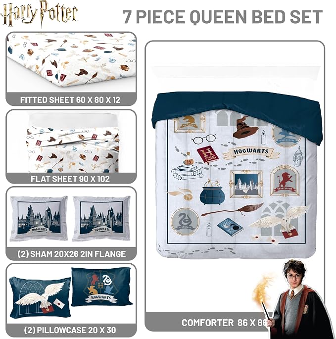 Harry Potter Queen Comforter Set 7 Piece Soft Hogwarts Bedding, Grey | Hedwig, Bed in a Bag, Comforter Sheets Shams Pillowcases, Official Product, Soft Microfiber, Machine Washable, Kids Gift