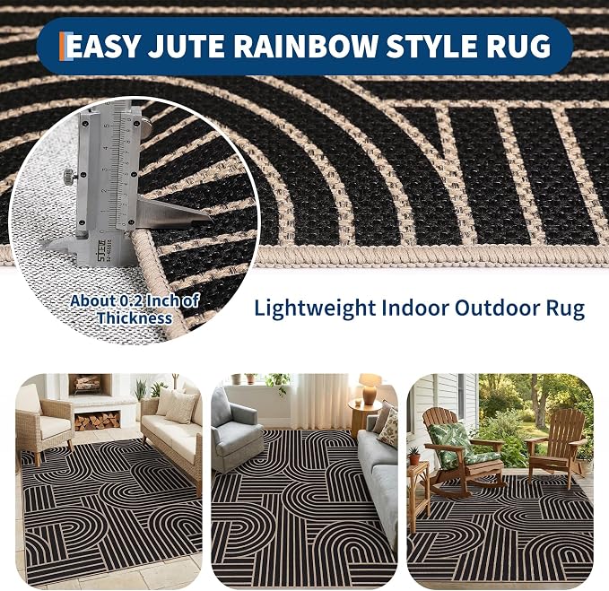 COZYLOOM 9x12 Striped Easy Jute Outdoor Rug, Large Washable Living Room Area Rugs with Non Slip Backing, Stain Resistant Foldable Abstract Geometric Carpet for Bedroom, Dining Room, Patio, Black
