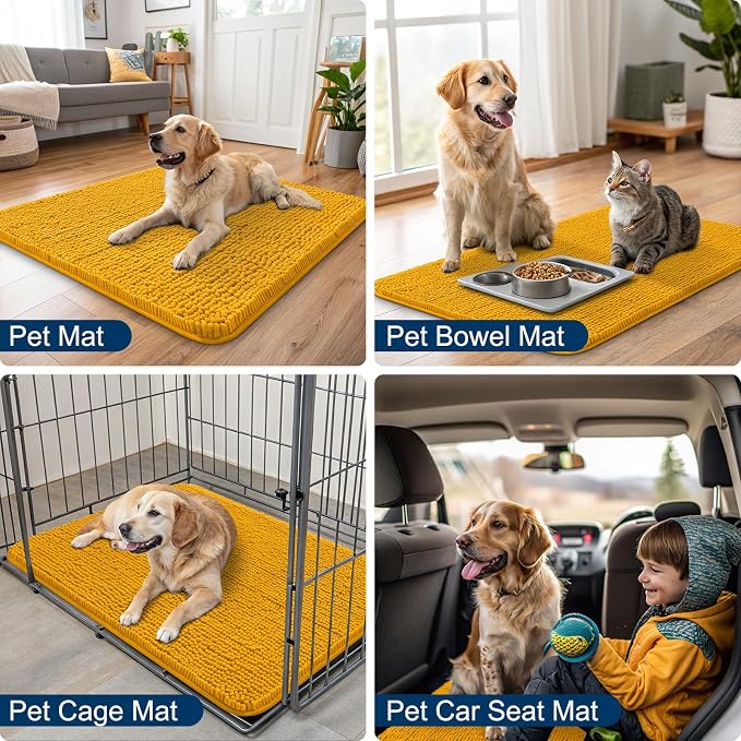Smiry Dog Door Mat for Muddy Paws 70x24, Absorbent Dirt Trapper, Non-Slip Washable Chenille Entryway Rug for Inside Floor, Golden Yellow, Classic Solid
