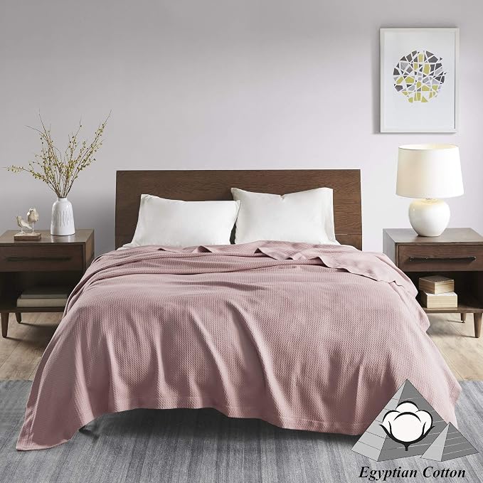 Madison Park 100% Egyptian Cotton Summer Blanket Full Queen Size Rose | Cozy Soft Breathable Durable, Waffle Weave Woven Casual, Lightweight Knit All Season Throw for Bed Couch or Sofa, OEKO TEX