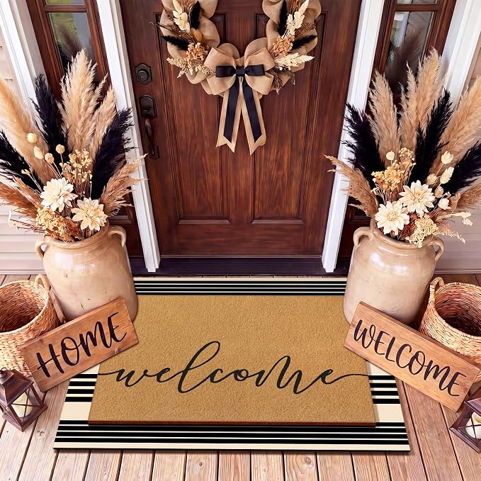 Tinideya 2 Pcs Door Mat Welcome Home Non Slip Coir Mats Floor Layering Black and White Stripes Doormats Seasonal for Front Porch Entryway Decor(23.6 x 35.4 Inches,Western Striped,Brown Black)