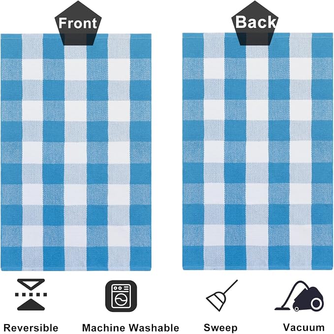 Spring Rugs Blue and White Plaid, 28” x 43” Area Rug Outdoor Indoor Summer Front Porch Doormat Cotton Hand-Woven Layered Door Mats for Entryway Patio Entryway Laundry Bedroom
