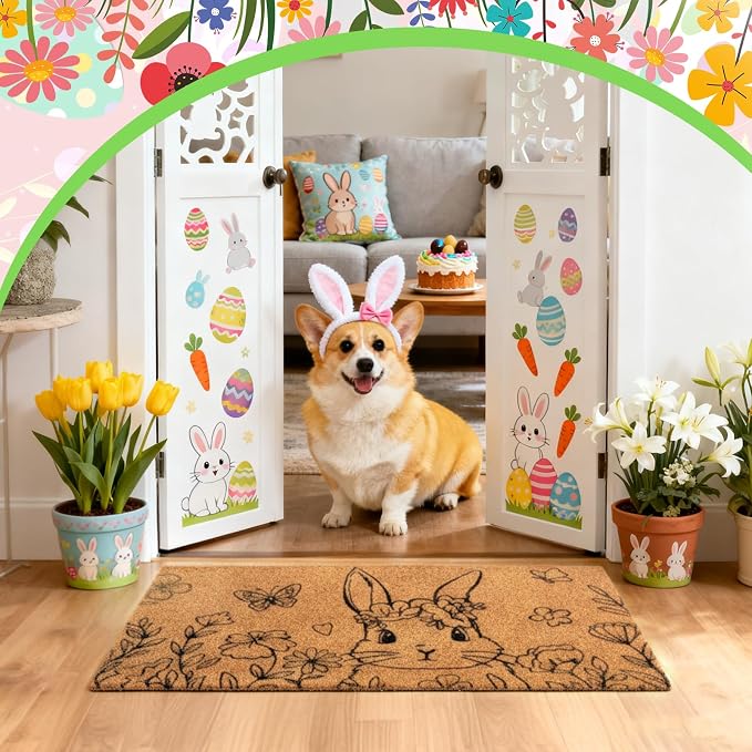 Ceenna Easter Bunny Coir Doormat Outdoor Easter Welcome Door Mat Spring Floral Bunny Floor Door Mat Rabbit Rugs for Front Porch Decor Gifts