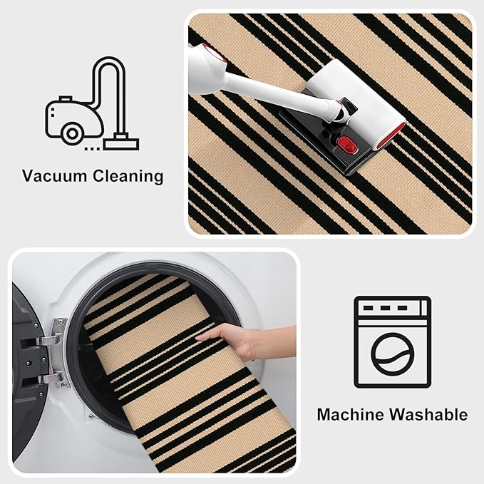 KIMODE Striped Outdoor Rug 3'x 5',Washable Reversible Striped Outdoor Patio Rugs,Cotton Hand Woven Farmhouse Welcome Layered Door Mats for Front Door Entryway Porch Fall Decor Black and Khaki