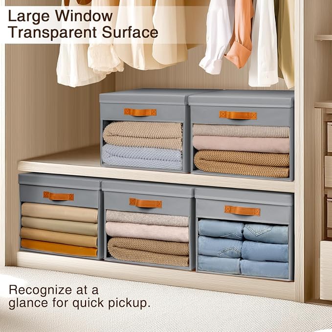 Homsorout Large Storage Bins with Lids - 6 Pack Foldable Decorative Organizers with Clear Windows & Handles, Cube Storage Organizers for Clothes, Blankets, Sweaters, CD, Grey