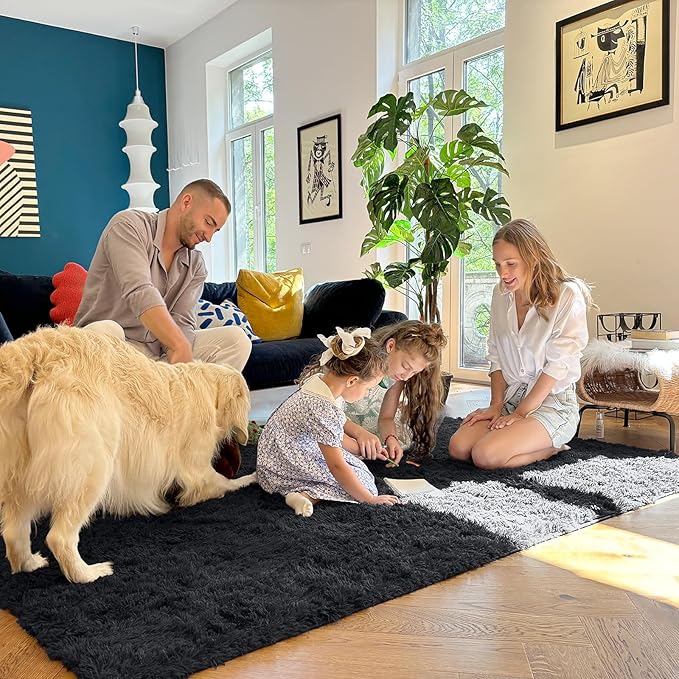 OLANLY 7x11 Machine Washable Large Area Rugs for Living Room, Bedroom, Soft Fluffy Shaggy Bedside Rug, Indoor Floor Carpet for Kids Girls and Boys, Dorms, Nursery, Home Decor Aesthetic, Black