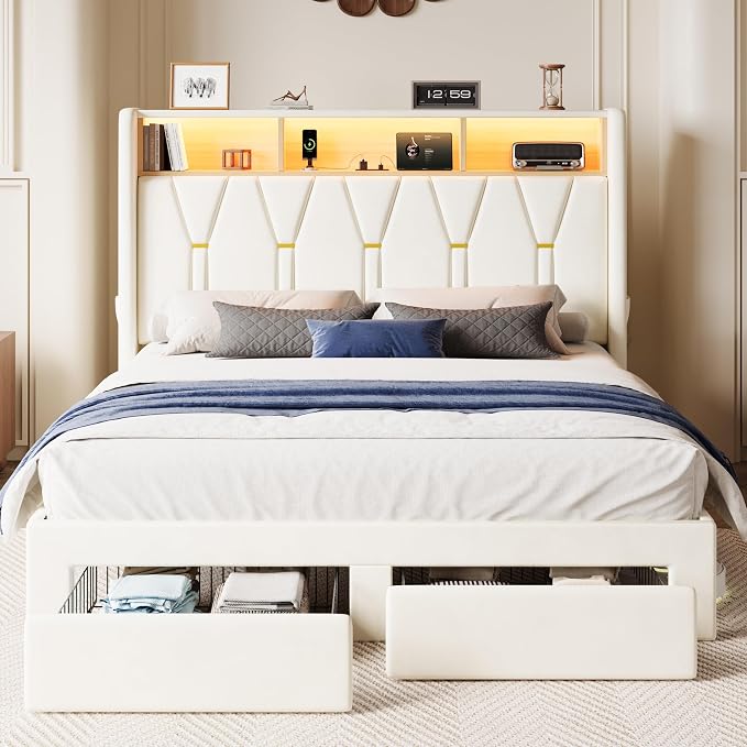 SHA CERLIN Queen Velvet Platform Bed Frame with 2 Storage Drawers, LED Storage Headboard with Charging Station, Upholstered Wingback Headboard, Noise-Free, No Box Spring Needed, Easy Assembly, White