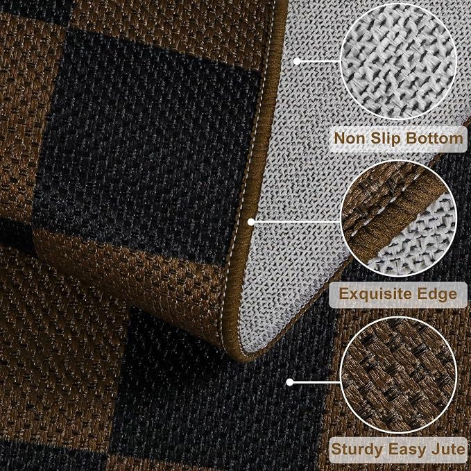 Rugalia Easy Jute Checkered Area Rug, 3x5 Indoor Outdoor Entryway Rug Washable Coffee Checkerboard Kitchen Rugs, Non-Slip Modern Farmhouse Throw Carpet for Living Room Patio Kids Room