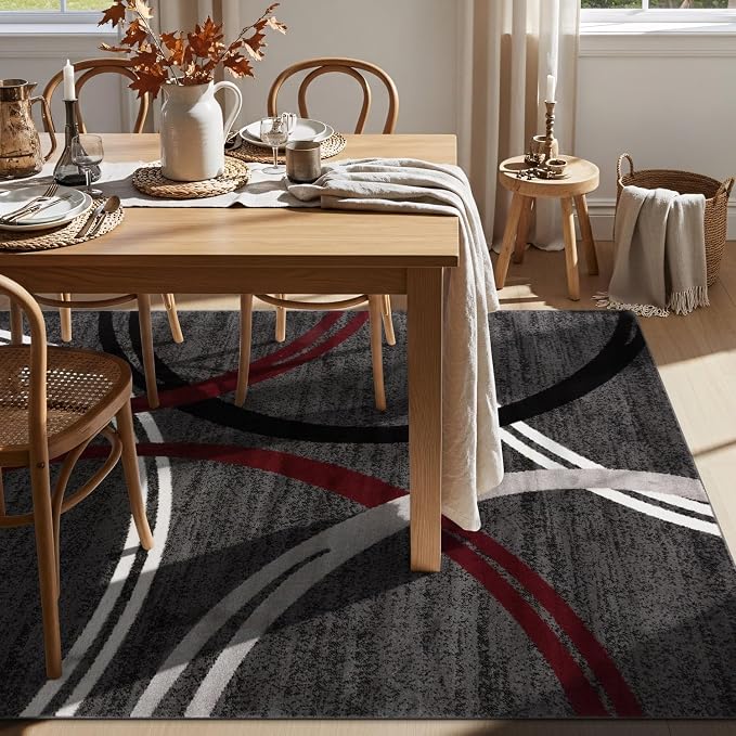 Rugshop Wavy Circles Modern Non-Shedding Living Room Area Rug Red 6'6" x 9' | Rectangular, Size 6'6" x 9', Bedroom, Dining Room, Home Office, Kitchen, Entryway, Hallway, Nursery, Kids Room, Guest Room