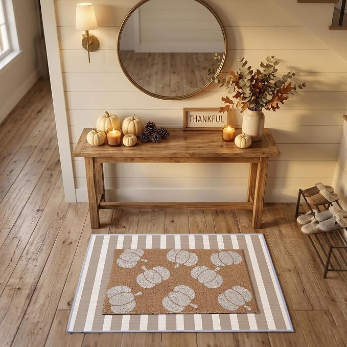 2Pcs Fall White Pumpkin Doormats Autumn Buffalo Plaid Striped Door Mats Set Outside Inside Entrance Porch Rugs Durable Scraping Wire Loop Crystal Velvet Floor Mat for Thanksgiving Decor 24x32
