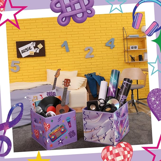 Bokon 2 Pcs Kpop Party Favors 11 Inch Storage Bins Fabric Foldable Storage Basket with Handles Organizing Boxes for Kpop Disco Dance Music Party Decorations