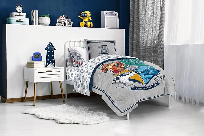 Harry Potter Twin Comforter Set 5 Piece Kids Bedding, Gray | Hogwarts, Bed in a Bag, Comforter Sheets Sham Pillowcase, Official Brand, Soft Microfiber, Machine Washable, Kids Gift
