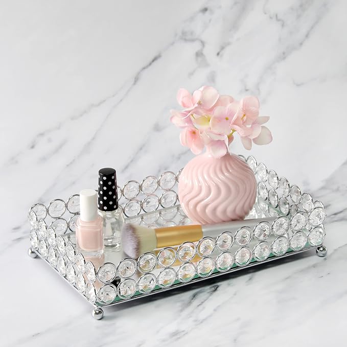 Elegant Designs HG1010-CHR Elipse Crystal Decorative Mirrored Jewelry or Makeup Cosmetic Perfume Vanity Organizer Tray, Chrome