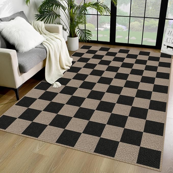 Rugalia Easy Jute Checkered Area Rug, 4x6 Black Modern Washable Rugs for Living Room Non-Slip Low Pile Entryway Mat, Farmhouse Checkerboard Indoor Outdoor Carpet for Kitchen Backyard Bedroom Office