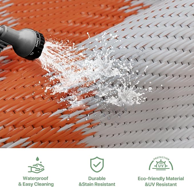 GENIMO Outdoor Rug Waterproof for Patio Decor, 6' x 9' Reversible Plastic Straw Floral Camping Carpet, Large Area Rugs Mats for RV, Camper, Deck, Balcony, Porch, Beach, Picnic, Orange & White