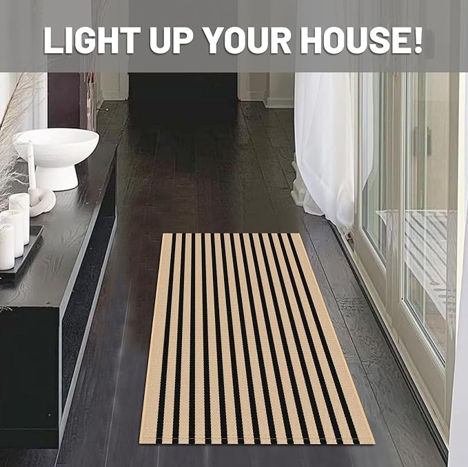 IOHOUZE Striped Area Rug 2'x3' Front Door Rugs Small Washable Area Rug for Front Porch, Spring Summer Welcome Door Mats Outdoor Indoor, Doormat for Entryway Porch Entrance, Tan/Black