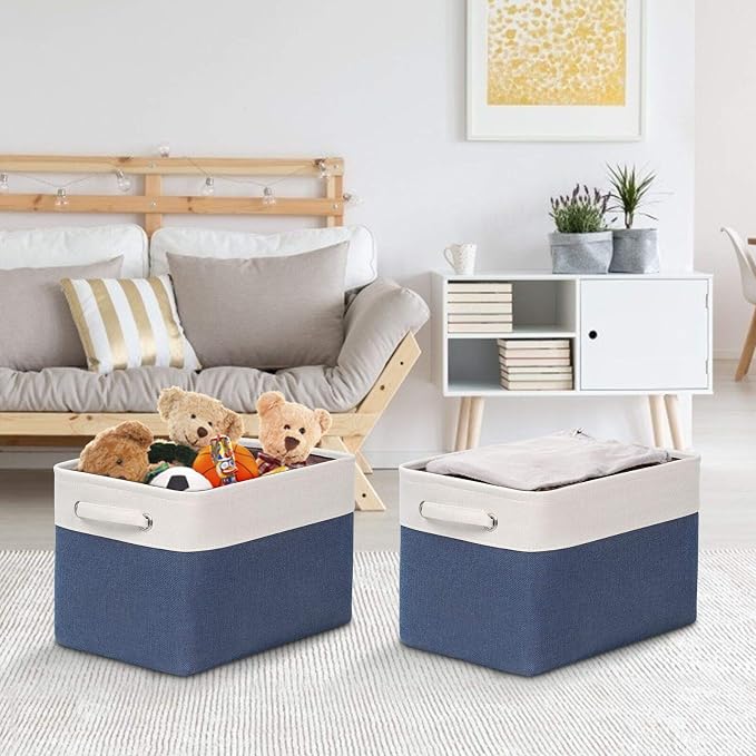 Foldable Storage Bin Collapsible Fabric Storage Basket Cube with Durable Handles Closet Organizer Bins for Organizing Shelves Drawers, Set of 3, 15" x 10" x 9.5", Blue