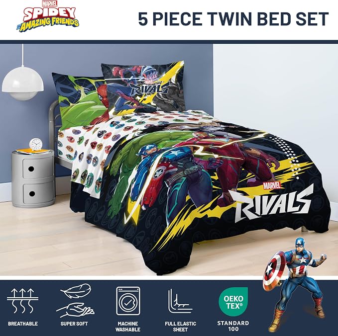 Marvel Rivals Twin Comforter Set 5 Piece Superhero Bedding for Boys, Multi | Avengers, Comforter Sheets Sham Pillowcase, Official Product, Soft Microfiber, Machine Washable, Easy Care, Boys Gift
