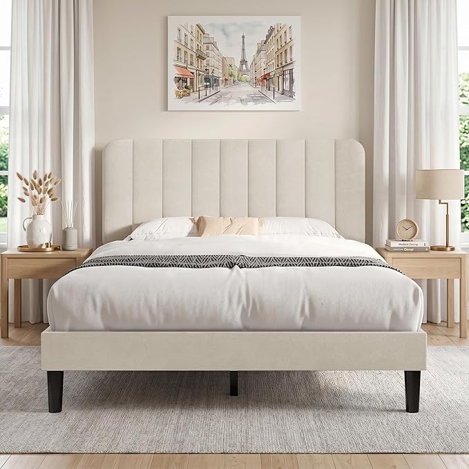 VECELO Full Size Bed Frame with Upholstered Headboard, Velvet Platform Bedframe Mattress Foundation, Strong Wood Slat Support, No Box Spring Needed,Bone Beige