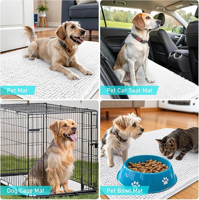 OLANLY Dog Door Mat for Muddy Paws 30x17, Absorbs Moisture and Dirt, Absorbent Non-Slip Washable Doormat, Quick Dry Chenille Mud Mat for Dogs, Entry Indoor Entryway Carpet for Inside Floor, White
