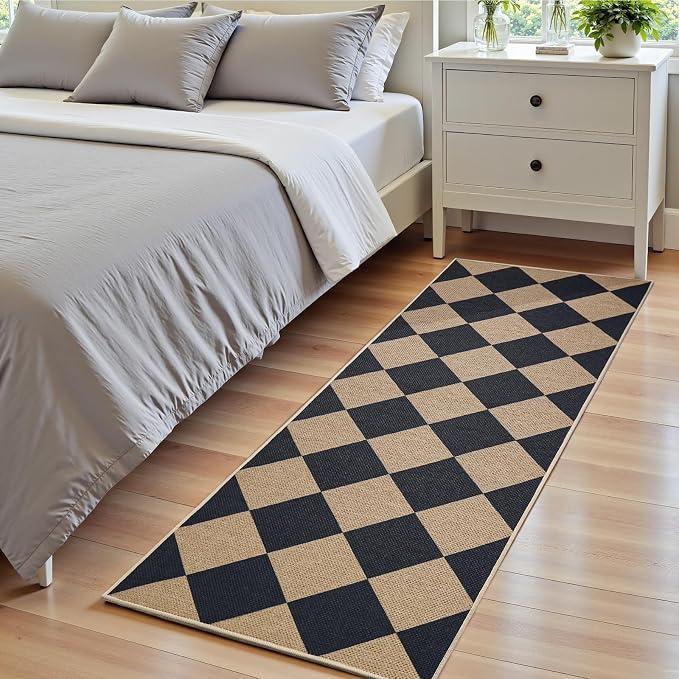 EDIMENS 2x6 Checkered Easy Jute Washable Kitchen Indoor Outdoor Runner Rug | Non Slip Front Door Runner Rug for Laundry Balcony Low Pile Rugs Black Checkerboard Carpet for Hallway 6ft Entry