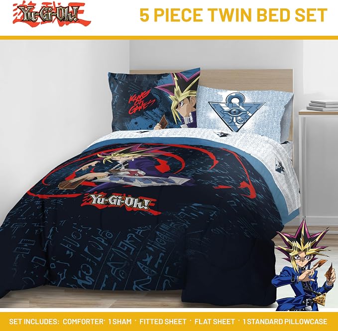 Jay Franco Yu-Gi-Oh Twin Comforter Set 5 Piece Soft Anime Bedding, Blue | Bed in a Bag, Comforter Sheets Sham Pillowcase, Official Product, Soft Microfiber, Machine Washable, Easy Care, Kids Gift
