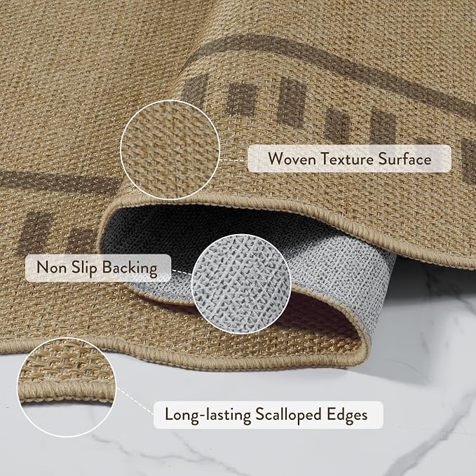 LIVEBOX Scalloped Washable 3x5 Outdoor Rug, Easy Jute Tan Rugs for Entryway Bedroom, Indoor Outdoor Non Slip Farmhouse Rugs for Patio Living Room, Geometric Carpet Front Door Mat for Porch Kitchen