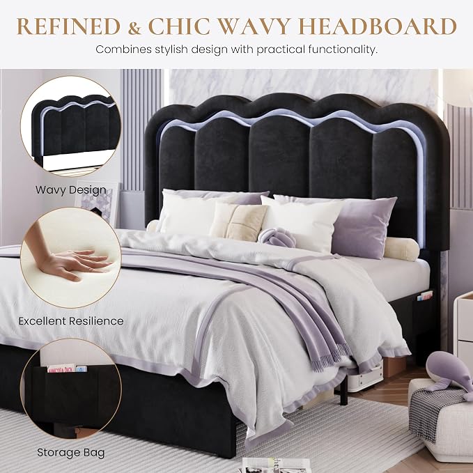 SHA CERLIN Queen Size Bed Frame with LED Lights and Storage Drawer, Black | Upholstered Velvet Platform Bed with Adjuatable Wavy Headboard, Noise-Free, Easy Assembly,No Box Spring Needed