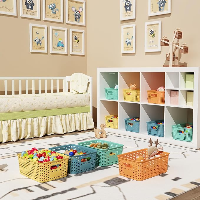 ORGIDOL Colorful Plastic Storage Baskets Bins for Home Organizing, 12 Pack | Space-Saving Storage Container with Handles, Multi-Purpose Storage Box, for Cabinet, Shelve, Countertop, Closet, Classroom