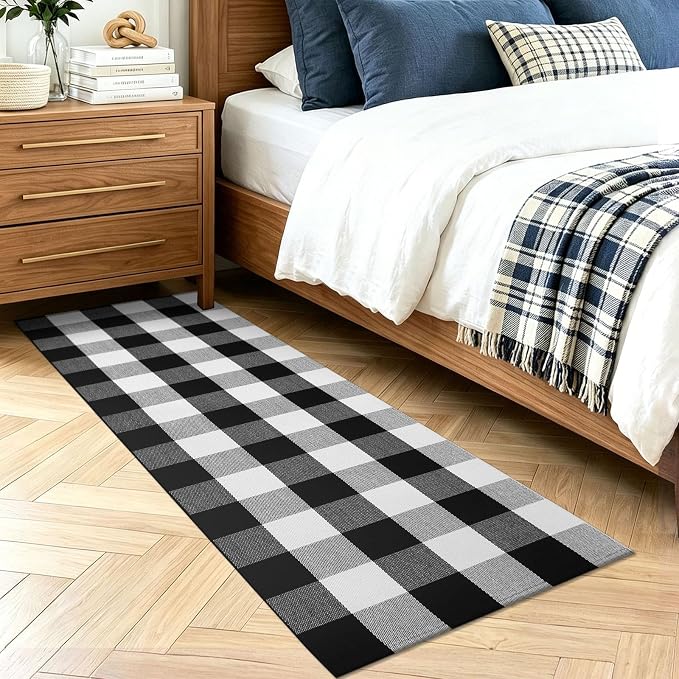KOZYFLY Buffalo Plaid Rugs 2x6 Ft Runner Rug for Hallway Washable Woven Cotton Kitchen Runner Rug for Entryway Bedroom Living Room Farmhouse Checkered Carpet Runners