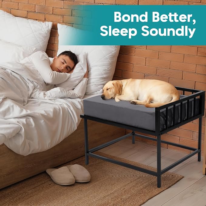 BALAPET Stable Beside Dog Bed and Mattress Set, Beside Dog Bunk Beds for Large Dogs,Metal Bed Frame with Removable Cushion,Dogs Bed Attachment to Human Bed for Small, Medium & Large Breeds(Large)